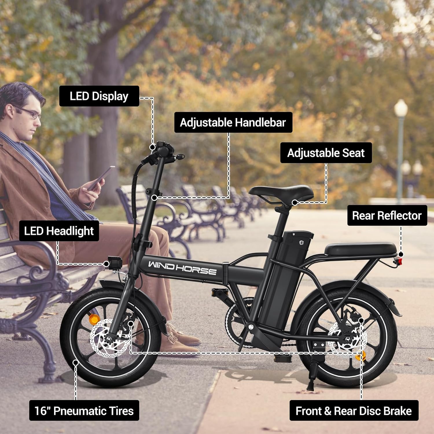 WINDHORSE W2A Folding Electric Bike with 350W High Speed Motor, 36V 8AH Battery, 40 KM/H Speed, 35 KM Range 8 WINDHORSE W2A Folding Electric Bike with 350W High Speed Motor, 36V 8AH Battery, 40 KM/H Speed, 35 KM Range - الصورة 8