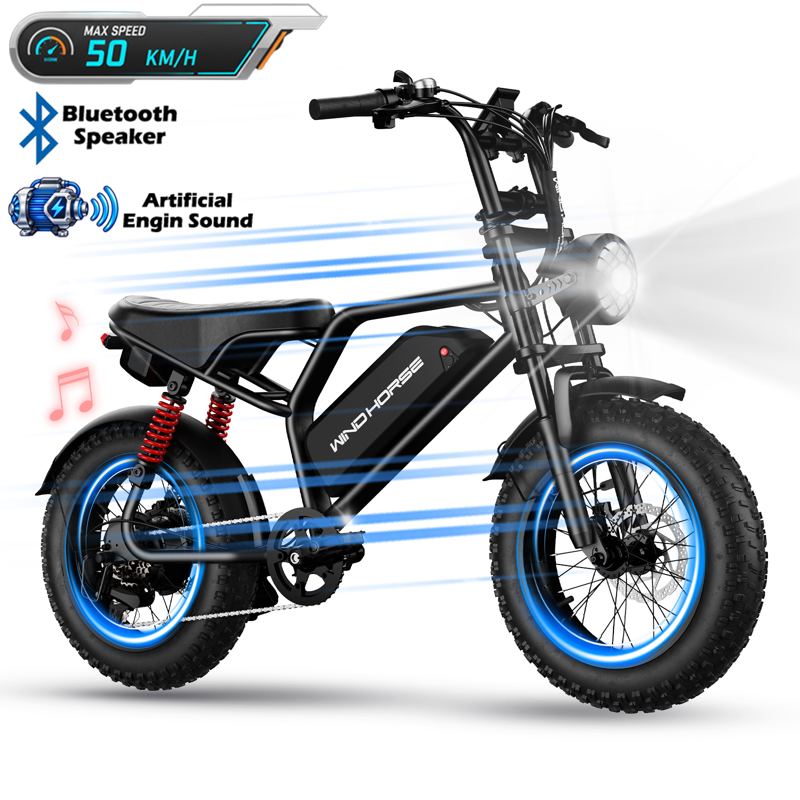 WINDHORSE V8 Mini Electric Bike 750W Motor (1255W Peak Power) – 48V 15.6Ah Battery, 50KM/H Speed, 60KM Range, Bluetooth Speaker, Artificial Engine Sound, Dual Disc Brakes