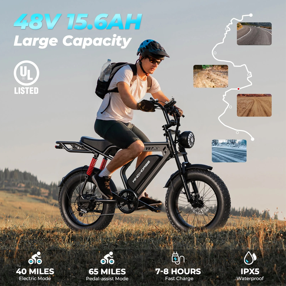 WINDHORSE V8 PRO Electric Bike 750W Motor, 48V 16.6AH Battery, 50KM/H Speed, 45KM Range, 20-Inch Fat Tires 5 WINDHORSE V8 PRO Electric Bike 750W Motor, 48V 16.6AH Battery, 50KM/H Speed, 45KM Range, 20-Inch Fat Tires - Image 5