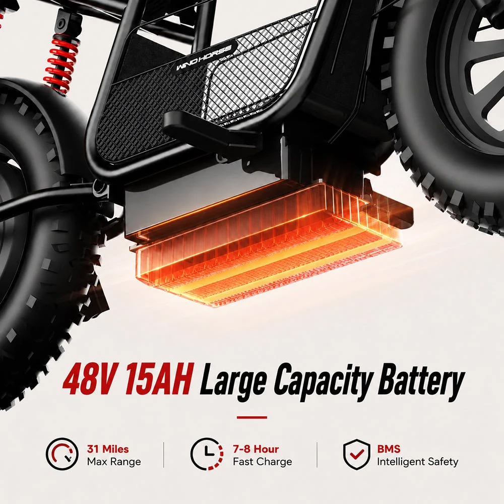 WINDHORSE D1 Electric Bike for Adults, 800W Motor (1500W Peak Power), 50KM/H Speed, 50KM Range, 48V 15Ah Removable Battery, 16 x 4 Inch Fat Tires, Remote Unlock, LCD Display, Bluetooth Speaker, Artificial Engine Sound, Anti Theft System 19 WINDHORSE D1 Electric Bike for Adults, 800W Motor (1500W Peak Power), 50KM/H Speed, 50KM Range, 48V 15Ah Removable Battery, 16 x 4 Inch Fat Tires, Remote Unlock, LCD Display, Bluetooth Speaker, Artificial Engine Sound, Anti Theft System - Image 19