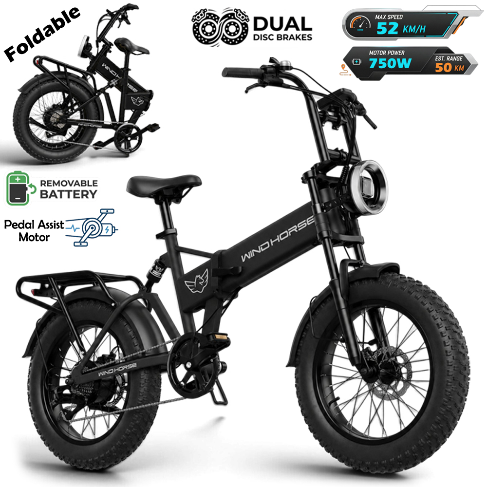 WINDHORSE W0 Pro Electric Folding Bike for Adults, 750W Motor, 48V 10.4Ah Removable Battery, 35–45 KM Range, 20-Inch Off-Road Tires, Dual Shock Absorbers & Digital Display